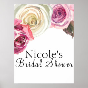 Affiche Aquarelle Roses Fleurs Roses & Blanches Bienvenue