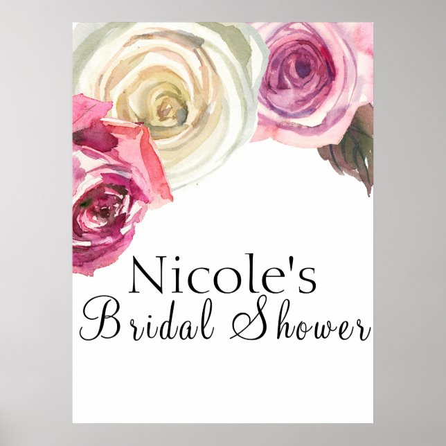 Affiche Aquarelle Roses Fleurs Roses & Blanches Bienvenue (Devant)