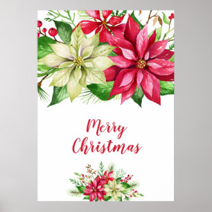 Affiche Aquarelle Rouge Blanc Poinsettia Florale Noël