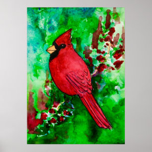 Affiche Aquarelle rouge cardinale verte de la forêt