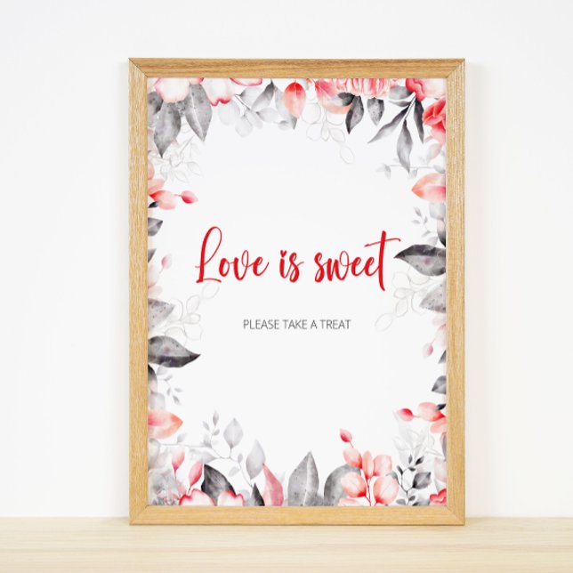 Affiche Aquarelle rouge et gris Fleurs L'amour est doux (Créateur téléchargé)