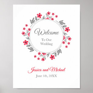 Affiche Aquarelle rouge, gris, couronne de fleurs