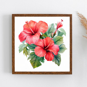 Affiche Aquarelle Rouge Hibiscus lumineux Flore verte