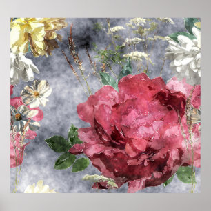 Affiche Aquarelle rouge Peony motif floral