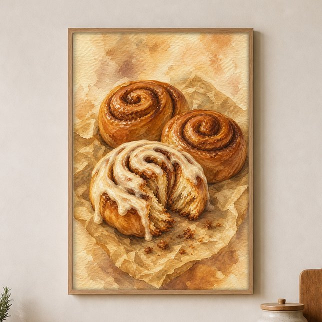 Affiche aquarelle Roulés à la cannelle sur papier  (Shown framed for scale. Poster ships unframed; frames are an optional add-on.)