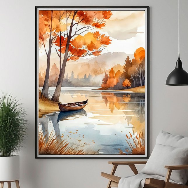 Affiche Aquarelle Rustique Automne Automne Arbres Lac Rowb (Créateur téléchargé)
