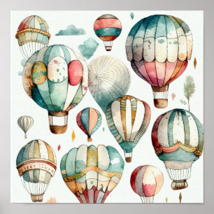 Affiche Aquarelle rustique Ballons à air chaud Art Imprime