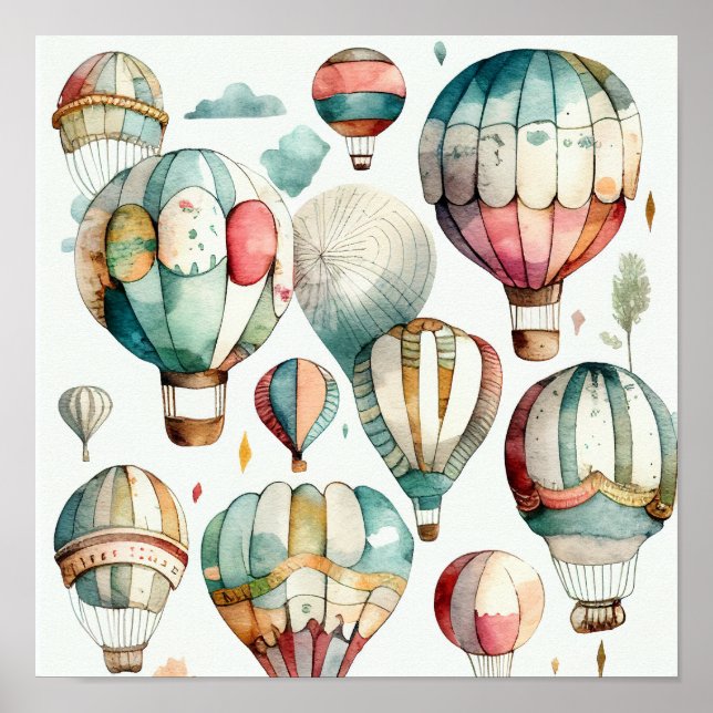Affiche Aquarelle rustique Ballons à air chaud Art Imprime (Devant)