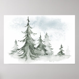 Affiche Aquarelle Rustique Fir Trees Forêt hiver