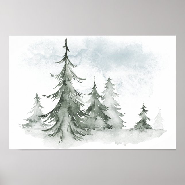 Affiche Aquarelle Rustique Fir Trees Forêt hiver (Devant)