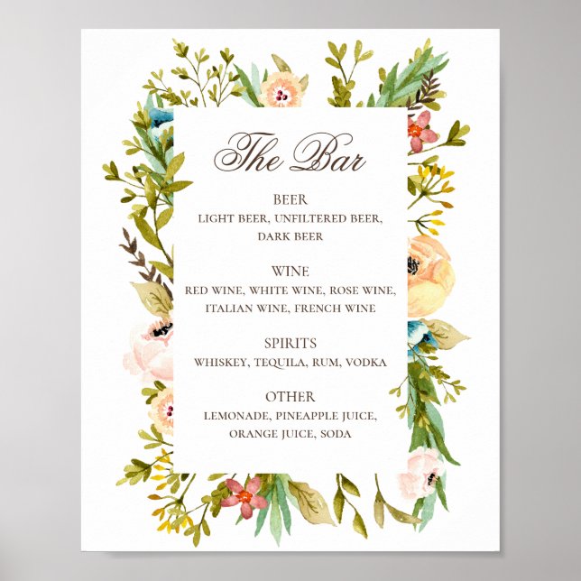 Affiche Aquarelle rustique fleurie mariage menu de boisson (Devant)
