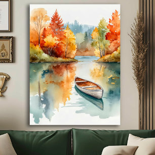 Affiche Aquarelle Rustique lac d'automne avec bateau à rou