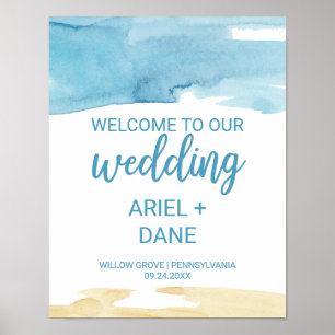 Affiche Aquarelle Sable et Mariage de mer Bienvenue