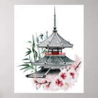 Aquarelle Sakura Blossom Bambou Temple japonais