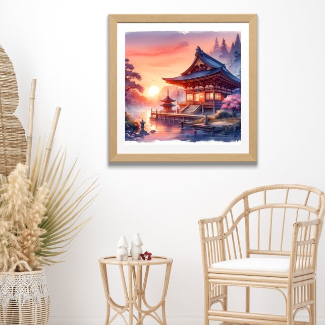 Affiche Aquarelle Sakura Temple japonais au coucher du sol (Créateur téléchargé)