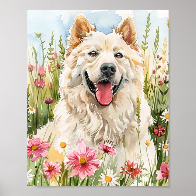 Affiche Aquarelle Samoyed Portrait avec Fleurs roses (Devant)