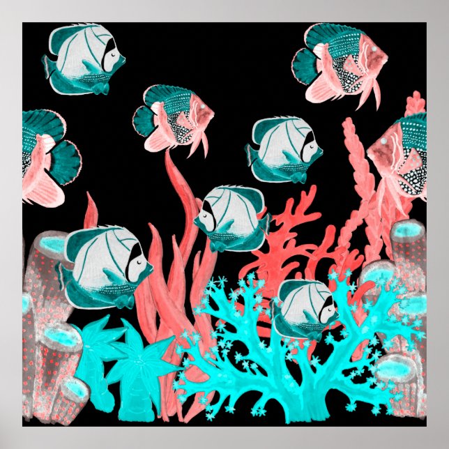 Affiche Aquarelle sans couture motif avec poissons exotiqu (Devant)