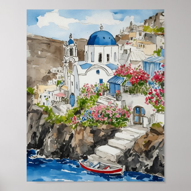 Affiche Aquarelle Santorin Grèce (Devant)