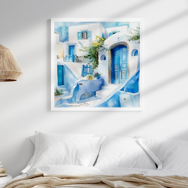 Affiche Aquarelle Santorin Méditerranée Travel Art (Watercolor Santorini Greek Wall Art in a neutral coastal boho bedroom in a white frame.)