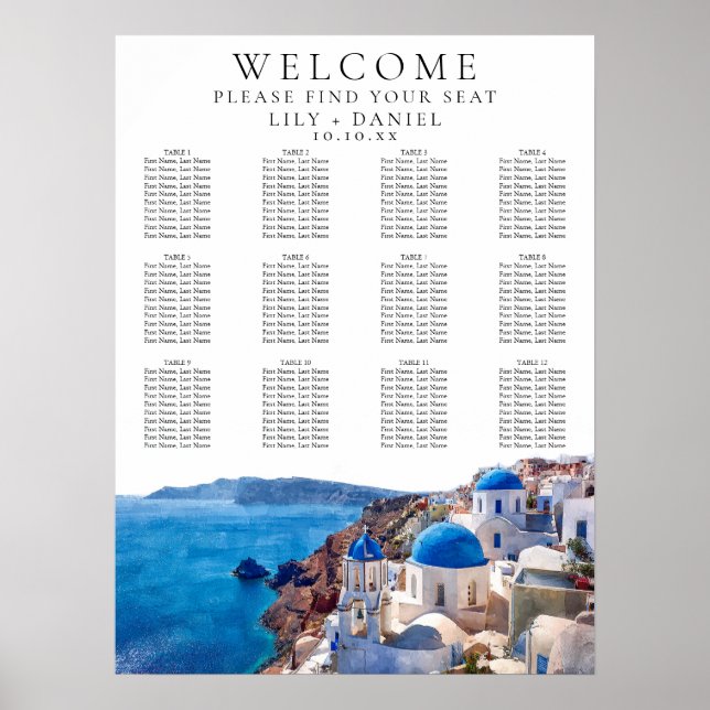 Affiche Aquarelle Santorini Grèce Mariage Carte de siège (Devant)