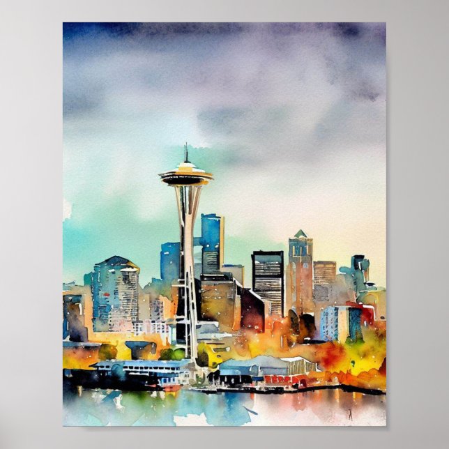 Affiche Aquarelle Seattle Washington City Skyline (Devant)