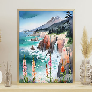 Affiche Aquarelle Serene Fleur sauvage du paysage côtier