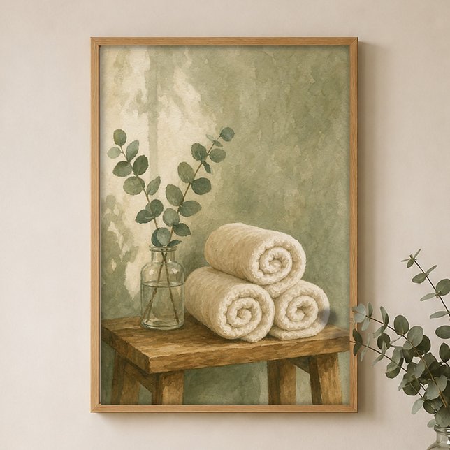 Affiche aquarelle Serviettes roulées et Eucalyptus (Shown framed for scale. Poster ships unframed; frames are an optional add-on.)