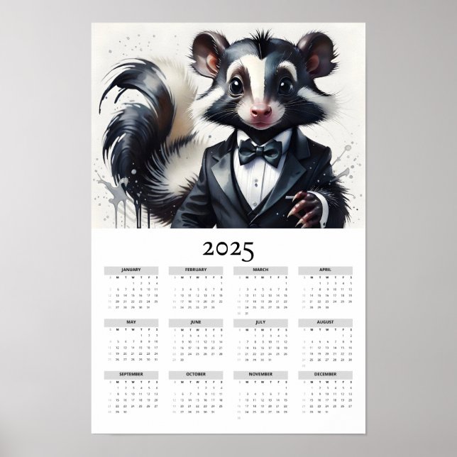 Affiche Aquarelle Skunk Portant Tuxedo 2025 Calendrier des (Devant)
