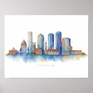 Affiche Aquarelle Skyline de Boston City   MA Boston moder