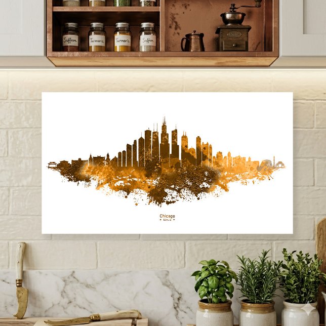 Affiche Aquarelle Skyline de Chicago en orange (Chicago Skyline Watercolor Orange Cityscape Art. Poster)