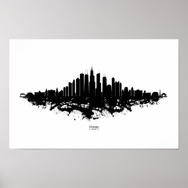 Affiche Aquarelle Skyline de Chicago noir et blanc (Devant)