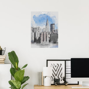 Affiche Aquarelle Skyline de New York City – Mur de Manhat