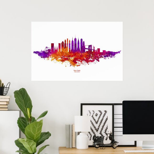 Affiche Aquarelle Skyline de New York en blanc (Bureau à domicile)