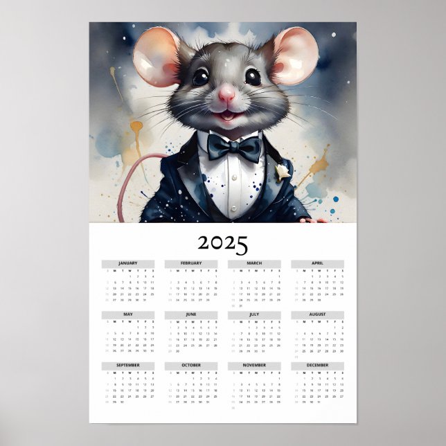 Affiche Aquarelle Souris Portant Tuxedo 2025 Calendrier de (Devant)
