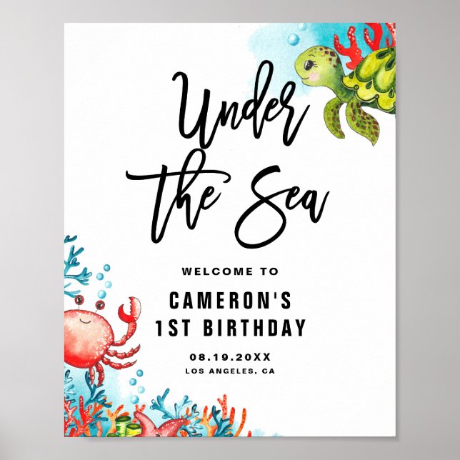 Affiche Aquarelle sous la mer Anniversaire Bienvenue (Devant)