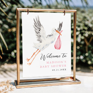 Affiche Aquarelle Stork Baby shower rose Bienvenue