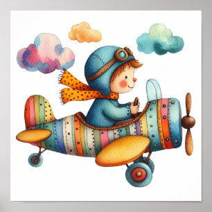Affiche Aquarelle Style Nursery Art Enfant Volant Avion