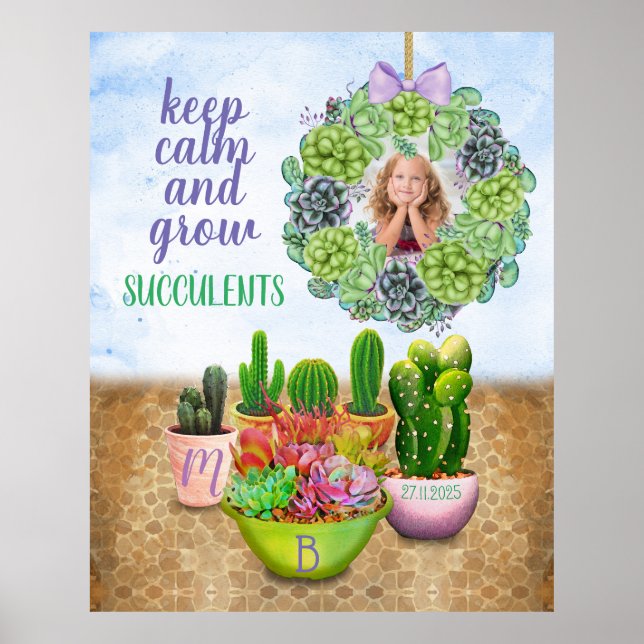 Affiche Aquarelle Succulente Wreath Cactus Monogramme Phot (Devant)