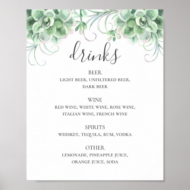 Affiche Aquarelle succulents alcool mariage bar (Devant)