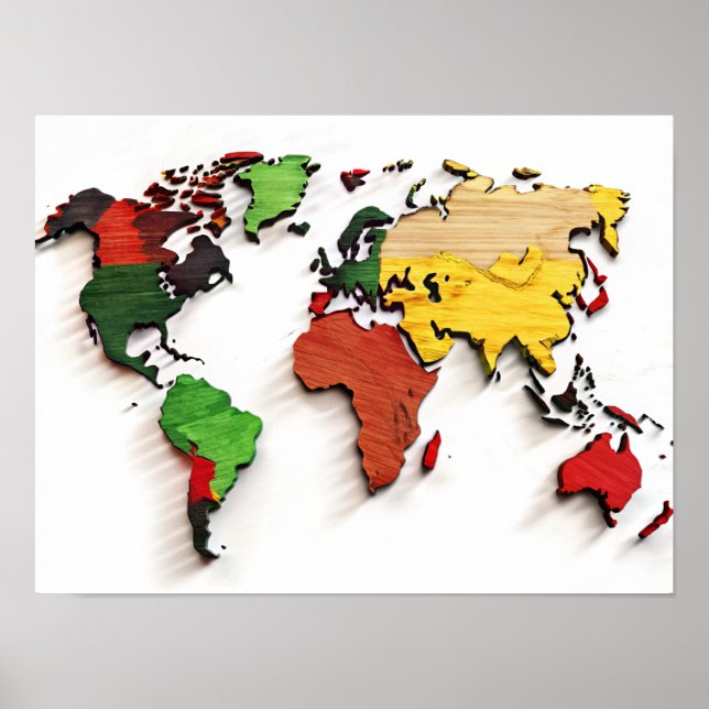 Affiche Aquarelle sur la carte du monde du bois (Devant)