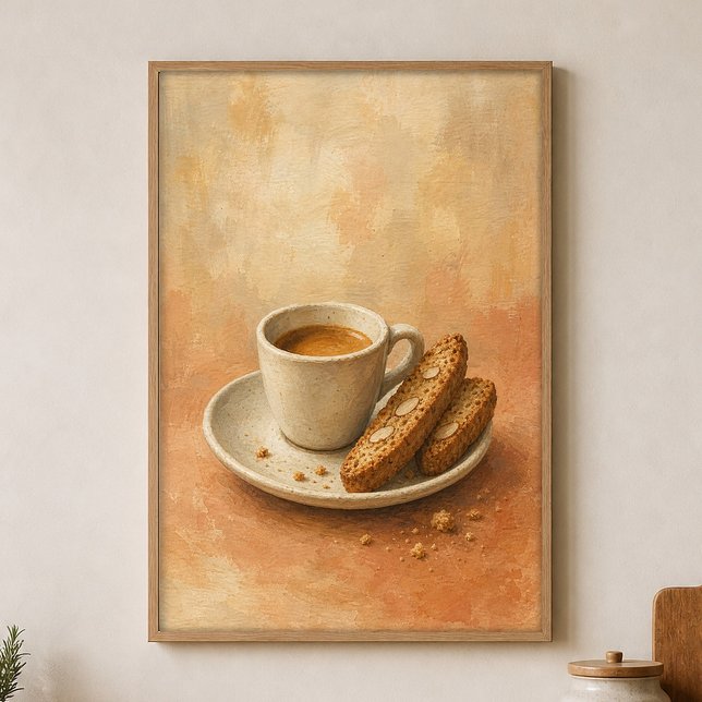Affiche aquarelle Tasse d'Espresso et Biscotti (Shown framed for scale. Poster ships unframed; frames are an optional add-on.)