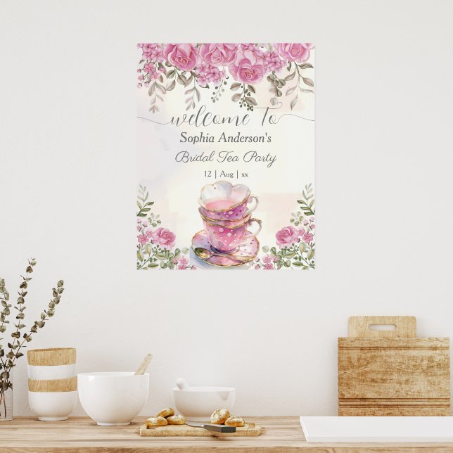 Affiche Aquarelle Tea Party Blush Floral Fête des mariées (Cuisine)