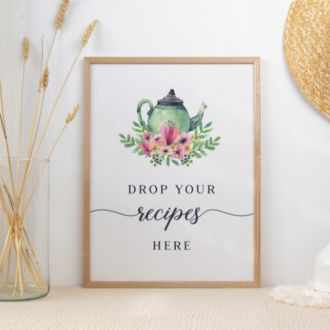 Affiche Aquarelle Teapot Déposez Vos Recettes Ici Signe (Créateur téléchargé)