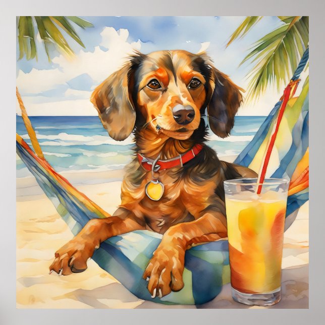 Affiche Aquarelle Teckel Chien Boire Piña Colada Beach (Devant)