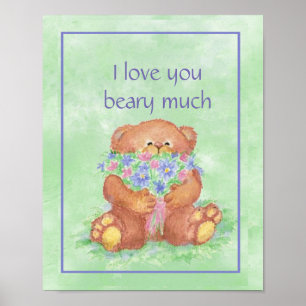 Affiche Aquarelle Teddy Bear Armful of Flowers Love Beary