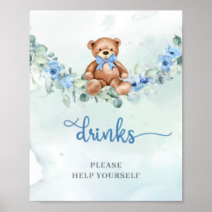 Affiche Aquarelle Teddy ours bleu floral verdure boissons