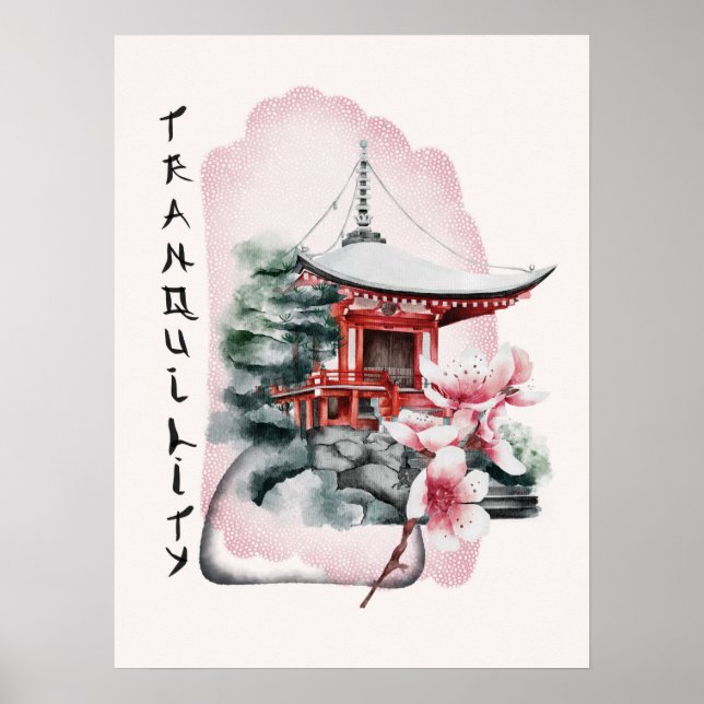 Affiche Aquarelle Temple japonais Sakura Blossom (Devant)