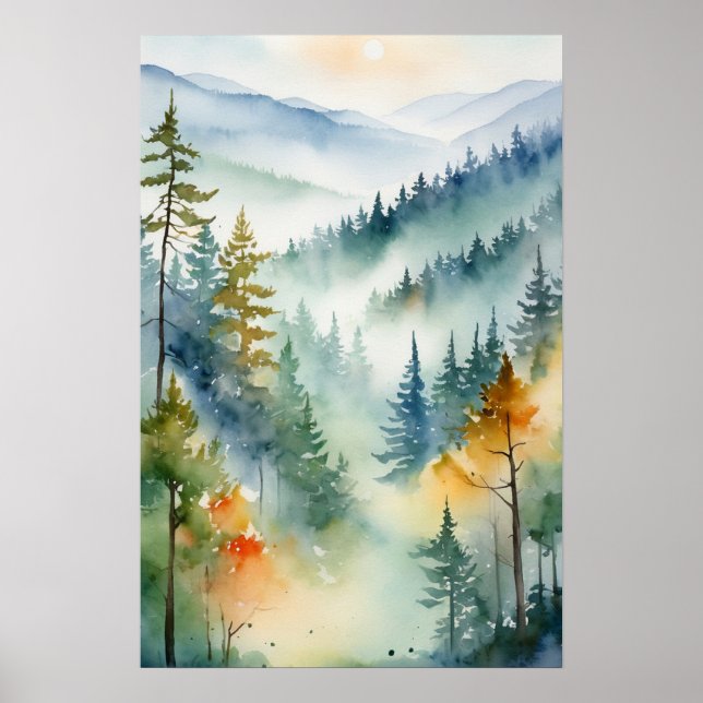 Affiche Aquarelle tendance Green Pine Forest Mountain (Devant)