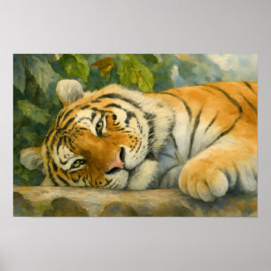 Affiche Aquarelle Tigre reposant dans une verdure luxurian