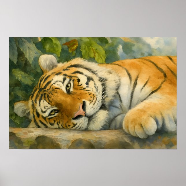 Affiche Aquarelle Tigre reposant dans une verdure luxurian (Devant)